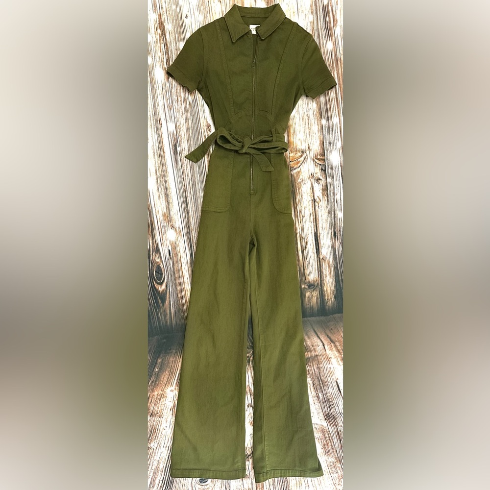 ALICE + OLIVIA || Wide-Leg Belted Denim Jumpsuit in Army Green - SZ 24 ✨NWT✨ - Picture 6 of 13